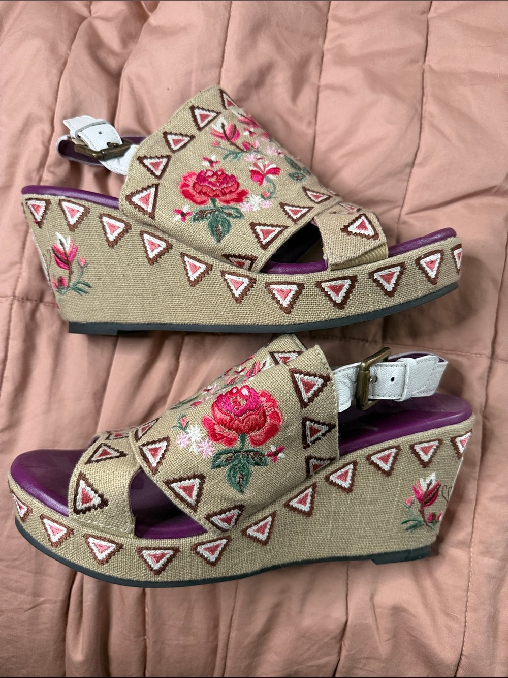 Sharif Beige Embroidered Floral Wedge Sandals with Pink and Purple Details